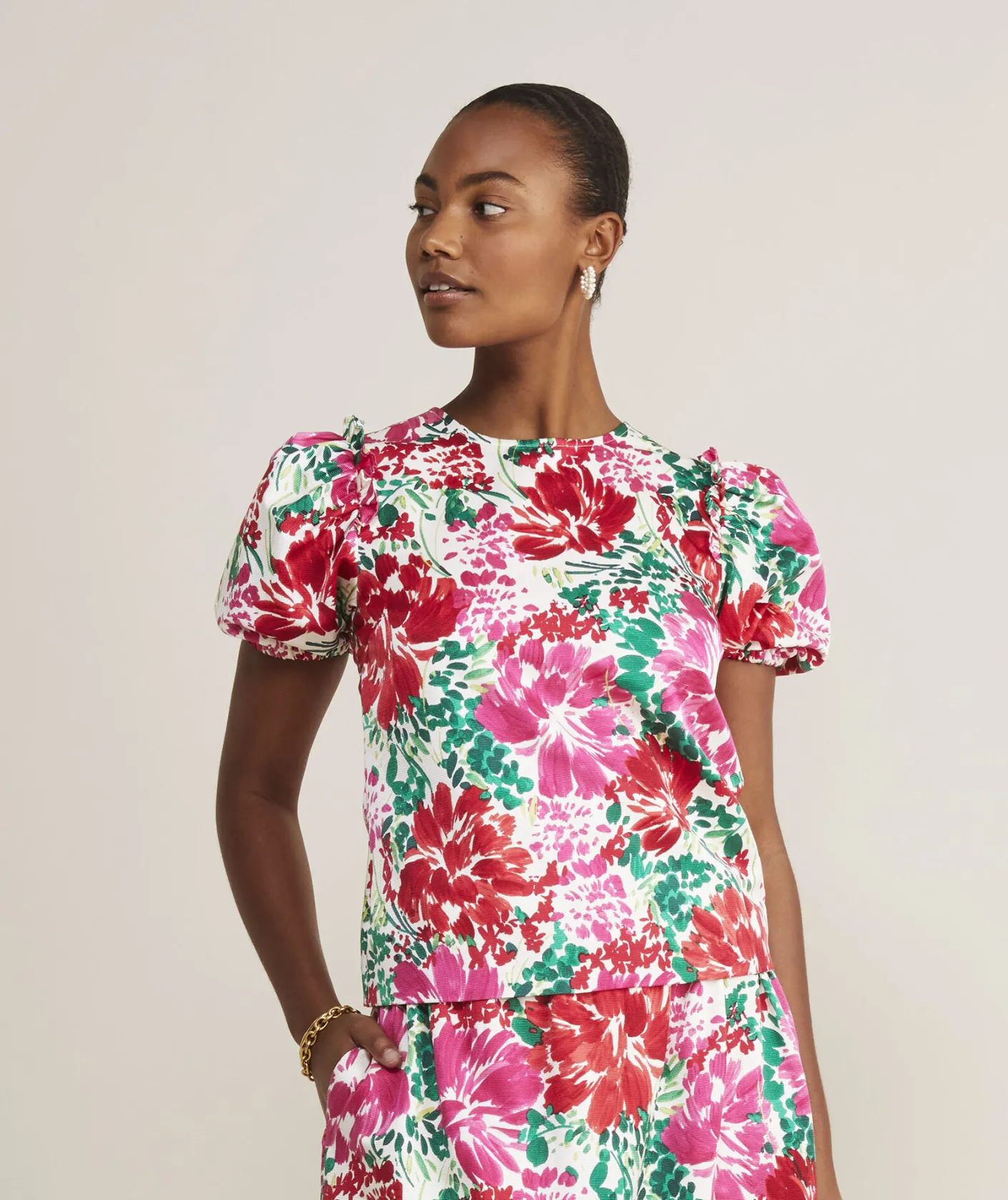 Shirts & Tops<Vineyard Vines Fenwick Floral Puff-Sleeve Top F.Floral - Crimson