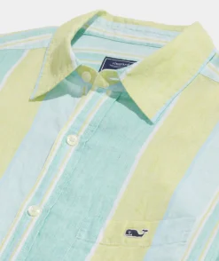 Button-Down Shirts<Vineyard Vines Linen Short-Sleeve Wharf Stripe Shirt Wharf STP Wild Lime