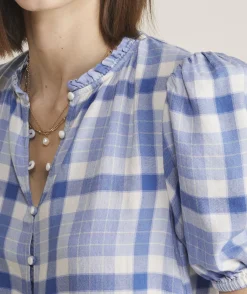 Shirts & Tops<Vineyard Vines Ruffle Neck Puff-Sleeve Top DW Plaid- Calm Water