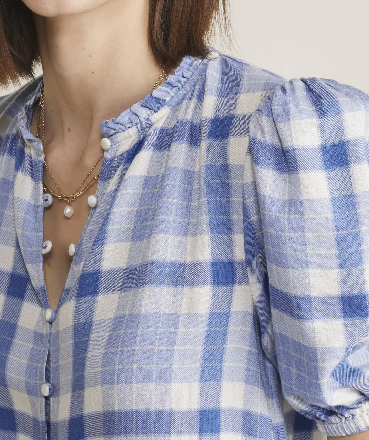 Shirts & Tops<Vineyard Vines Ruffle Neck Puff-Sleeve Top DW Plaid- Calm Water