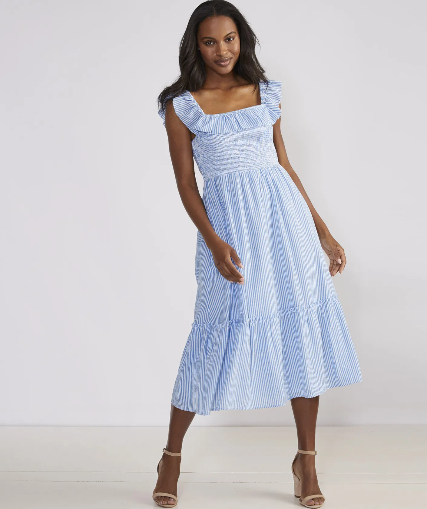 Dresses & Skirts<Vineyard Vines Striped Smocked Midi Dress Feeder - Hull Blue